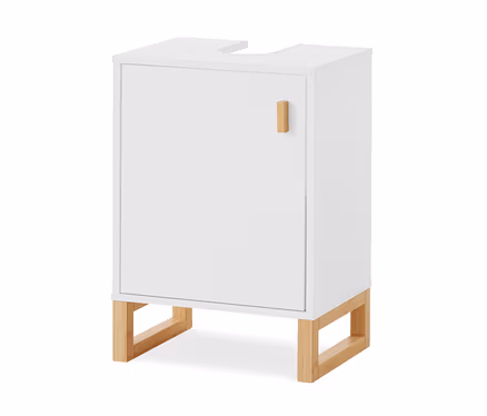 Weißer Waschbeckenunterschrank mit einer Tür, einem Holzgriff und Holzbeinen, mit einer Aussparung oben.