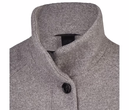 Graue Barbara Lebek Wolljacke mit Stehkragen und schwarzem Knopf.