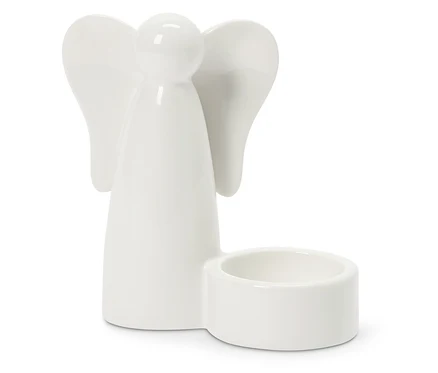 Weißer Keramik-Engel mit Teelichthalter, der eine runde Kopfform, einen konischen Körper und Flügel hat.