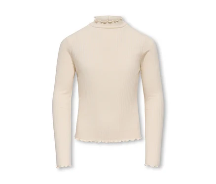 Cremefarbenes geripptes Langarmshirt mit Rüschen-Stehkragen, Rüschenbündchen und Rüschensaum.
