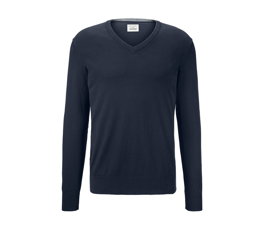 Marineblauer Pullover mit V-Ausschnitt.