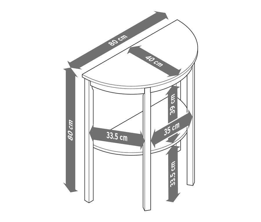 Illustration einer halbrunden Konsole im Landhausstil mit Abmessungen.