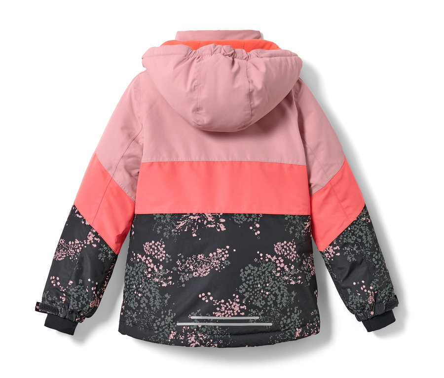 Rückseite einer Kinder-Skijacke in Rosa, Koralle und Schwarz mit Blumenmuster.