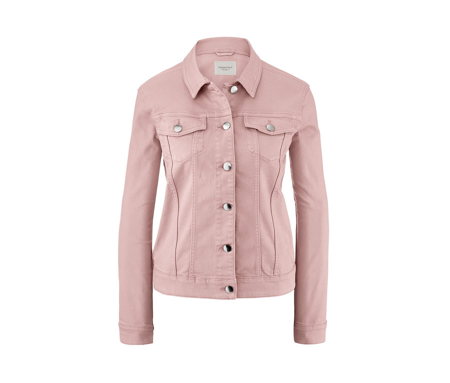 Roséfarbene Jeansjacke mit Knöpfen.