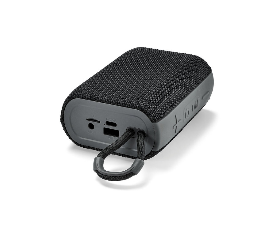 Schwarzer In-Ear-Kopfhörer und Bluetooth®-Lautsprecher.