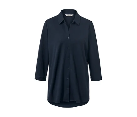 Dunkelblaue Piqué-Jerseybluse mit Kragen und Dreiviertelärmeln.
