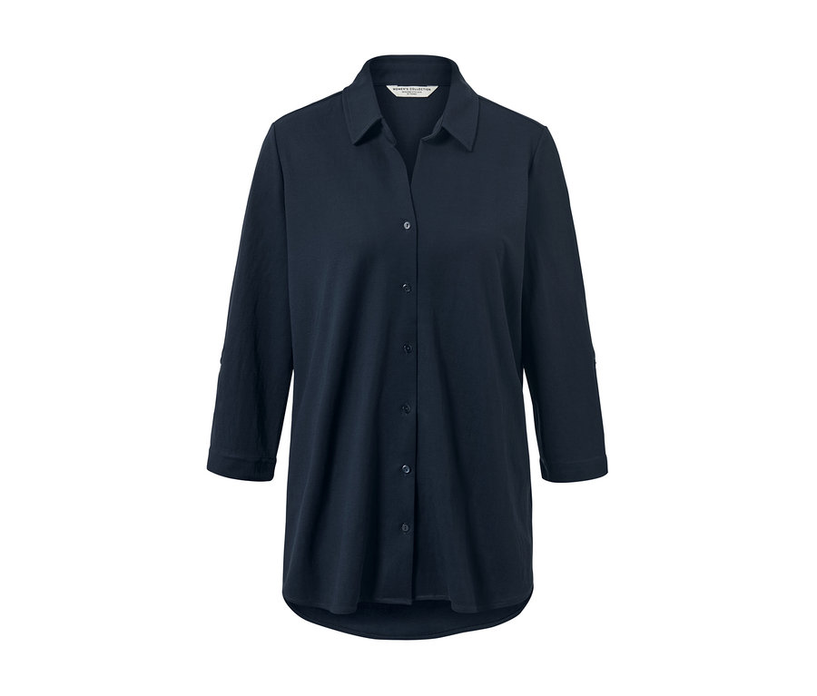 Dunkelblaue Piqué-Jerseybluse mit Kragen und Dreiviertelärmeln.