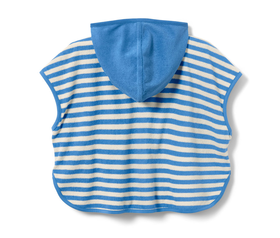 Rückansicht eines Kinder-Frottierponchos mit blauer Kapuze und horizontalen blauen und weißen Streifen.