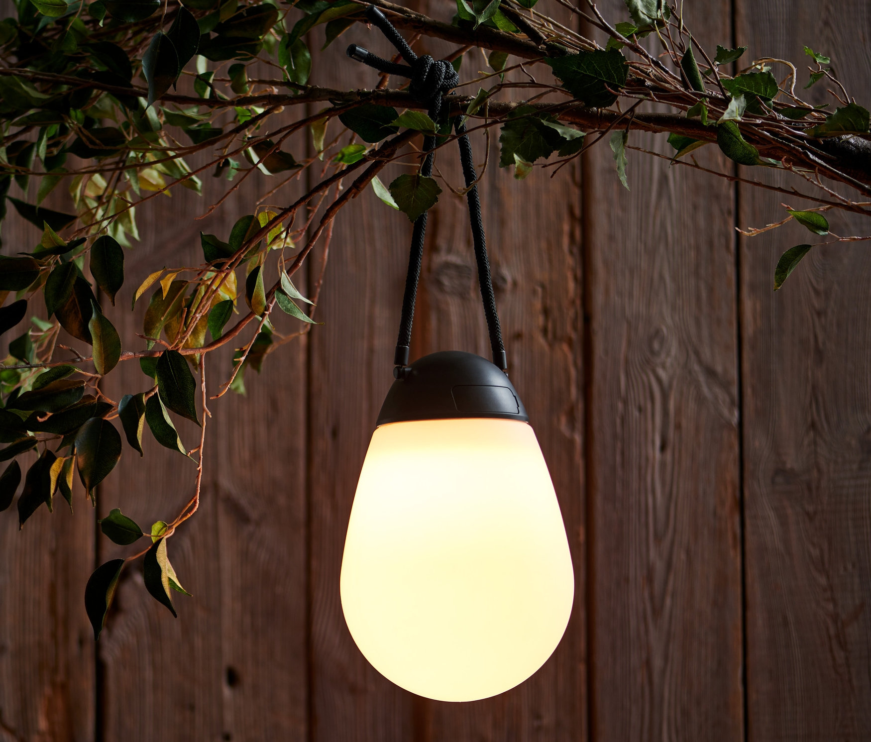 Eine LED-Akkuleuchte mit zusätzlichem Wechselakku hängt an einem Ast.