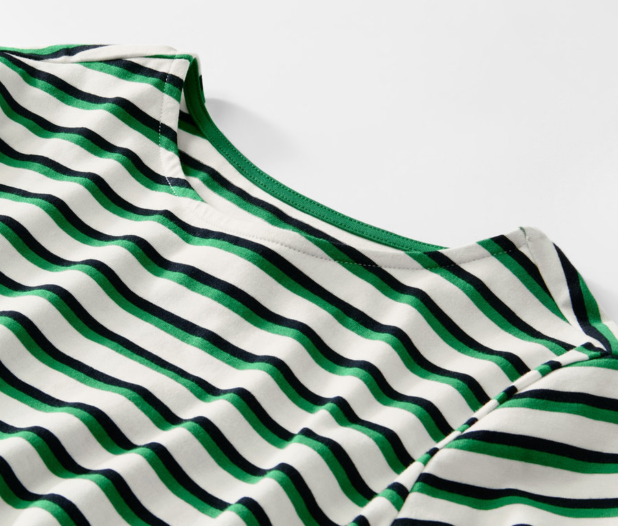 Detailansicht eines mehrfarbig gestreiften Langarmshirts in Grün, Weiß und Schwarz.