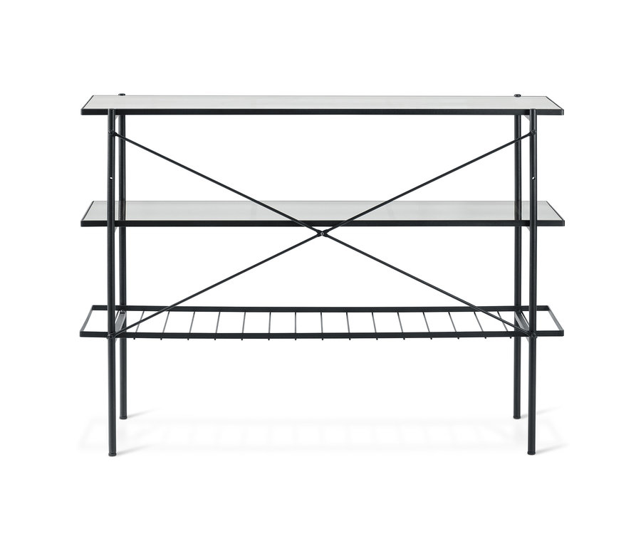 Konsole, Breite ca. 120 cm, mit drei Glasablagen und schwarzem Metallgestell.