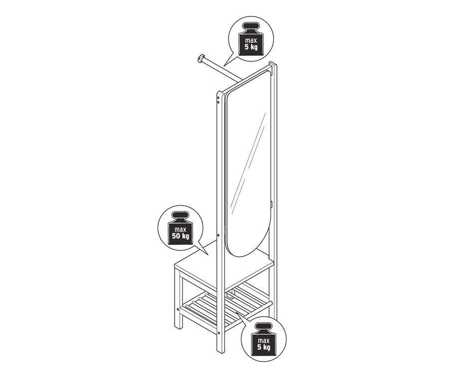 Umriss einer Garderobe mit Spiegel und Ablage.