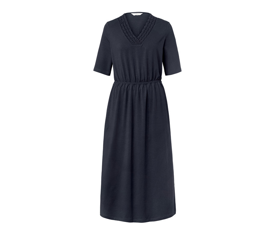 Dunkelblaues Jerseykleid mit kurzen Ärmeln und V-Ausschnitt.