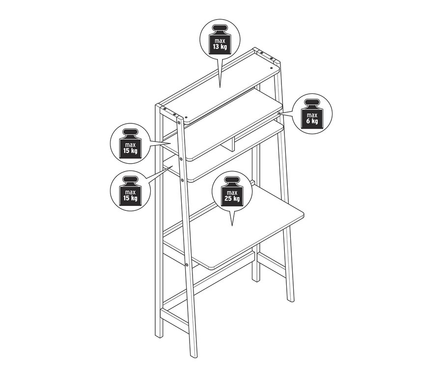 Eine schematische Darstellung eines Regals mit Sekretär mit Angabe der maximalen Belastbarkeit der Regalböden.