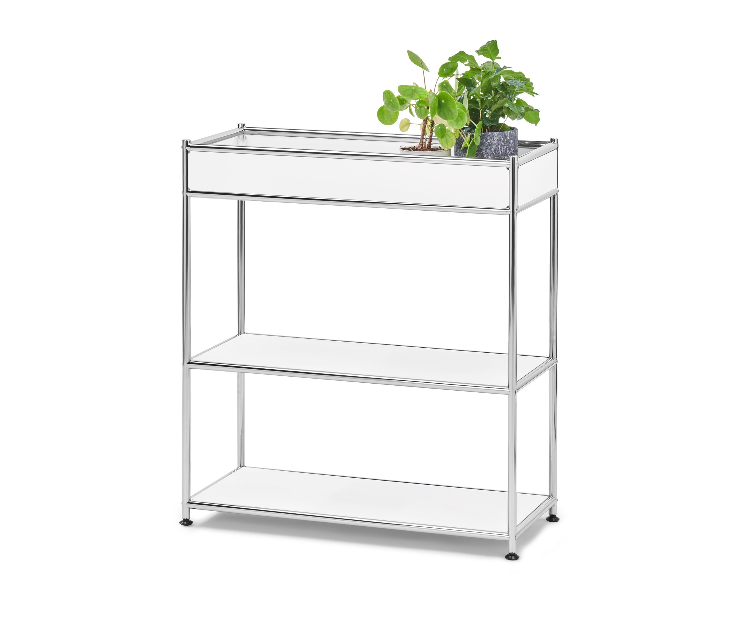 Weisse Konsole Metall »CN3« mit Ablagefläche und Topfpflanze.