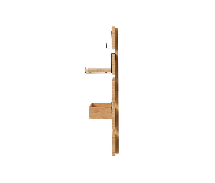 Seitenansicht eines Wandregals mit flexiblen Haken und einem Boden.