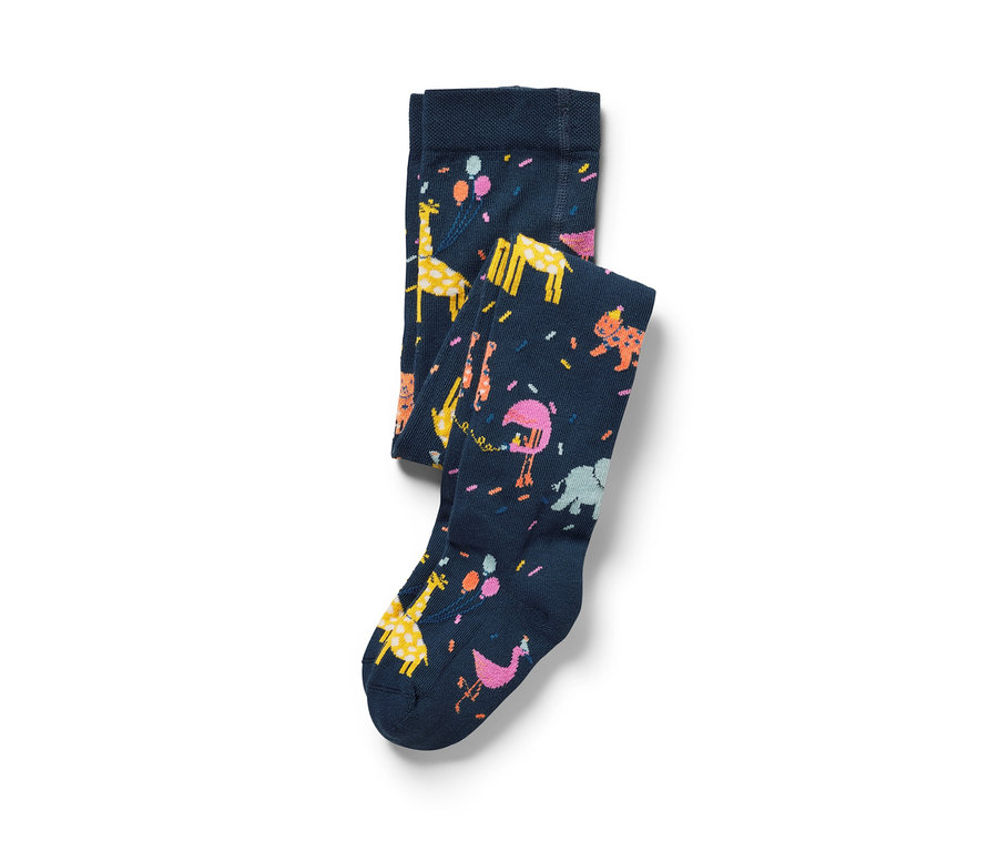Marineblaue Kinderstrumpfhose mit Giraffen-, Flamingo-, Elefanten- und Konfettimuster.