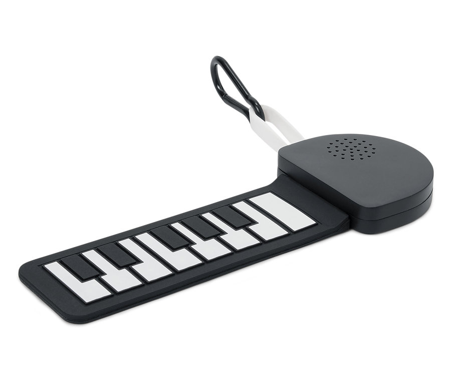 Ein schwarzes, zusammenrollbares Klavier mit weißen Tasten.