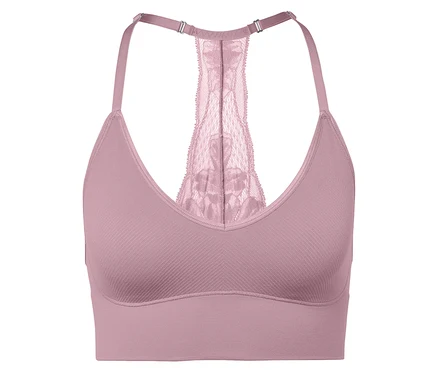 Detailaufnahme eines lilafarbenen Sport-BHs mit Spitzenrücken.