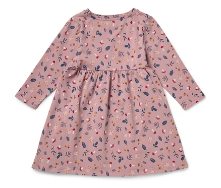 Rosa Kinderkleid mit langen Ärmeln und einem Aufdruck von Waldfrüchten und Pilzen.