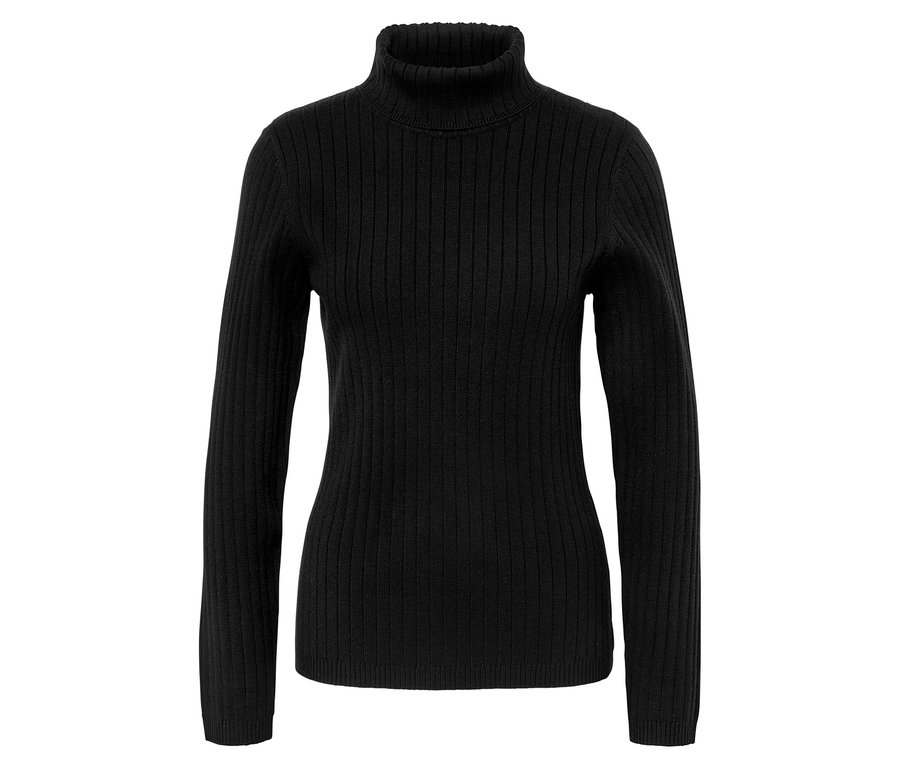 Schwarzer Rollkragenpullover mit Rippmuster.