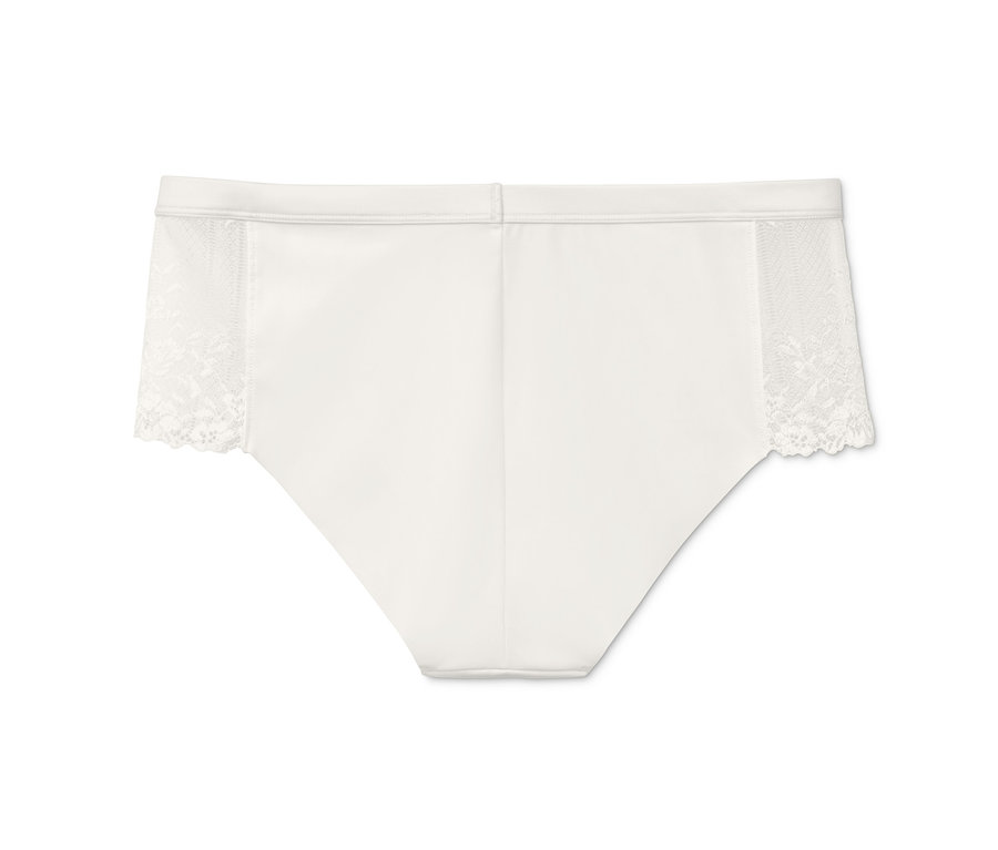 Weiße Spitzen-Panty auf weißem Hintergrund.