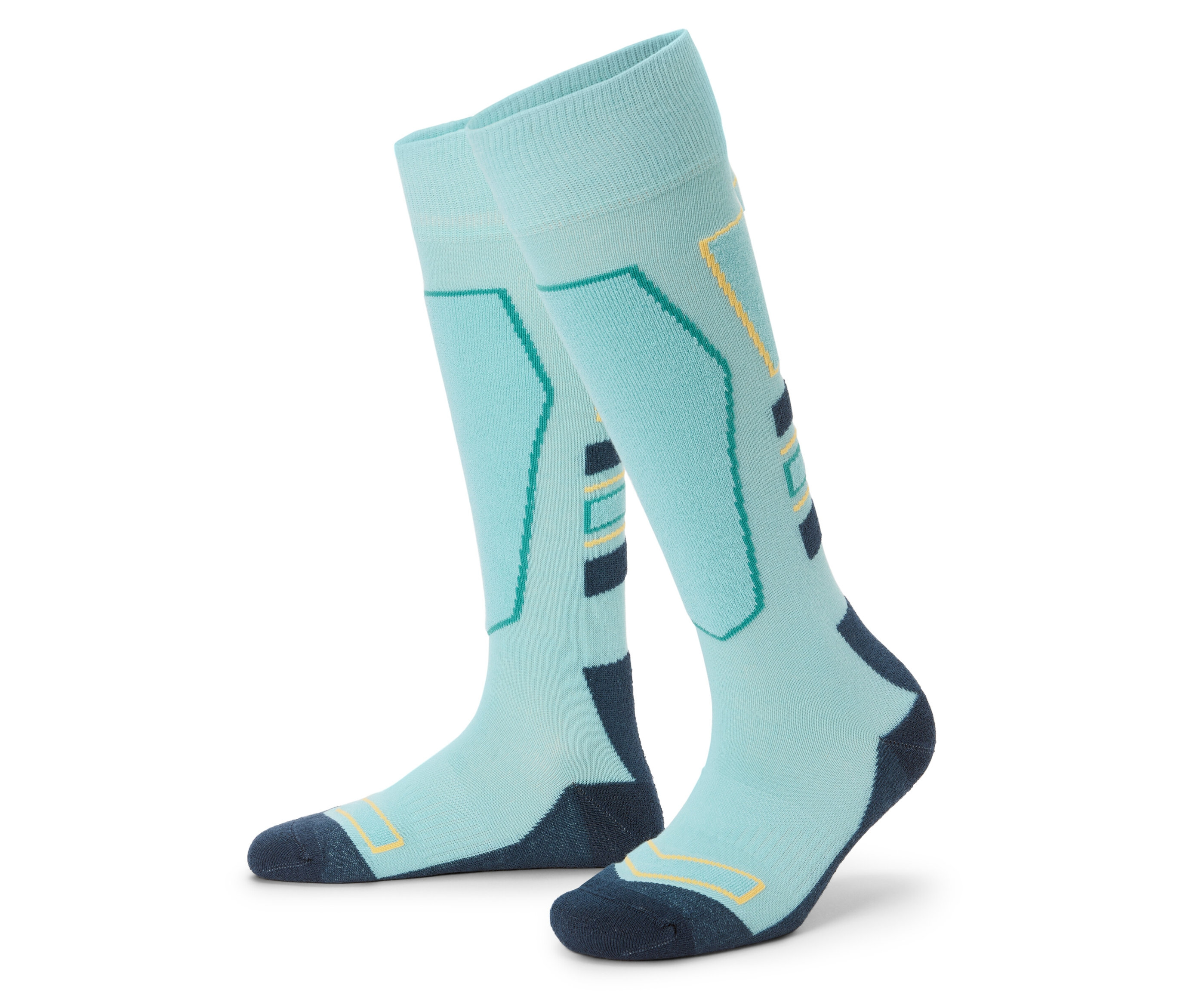 Ein Paar hellblaue Skisocken mit farbigen Details.