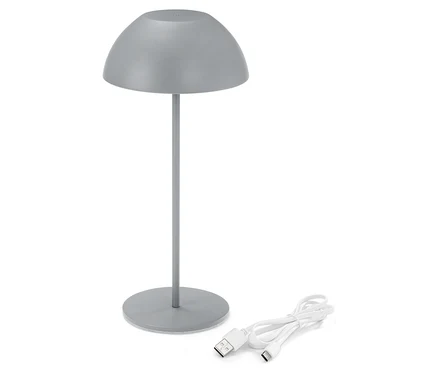 Graue Lampe mit USB-Kabel auf weißem Hintergrund.