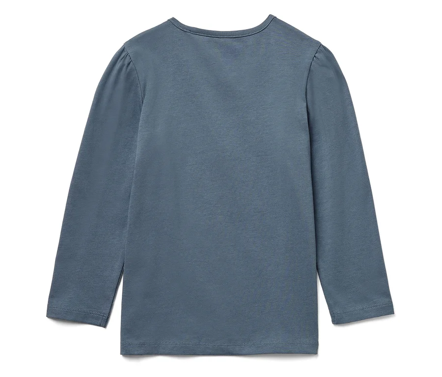 Blaues Langarmshirt auf weißem Hintergrund.