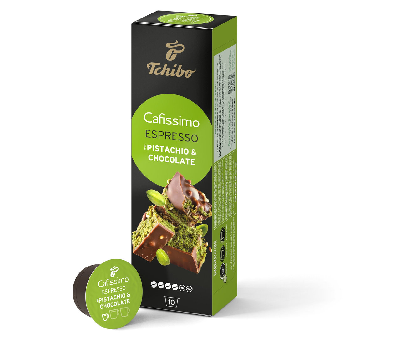 Eine Packung und eine Kapsel Cafissimo Flavoured Espresso - Pistachio & Chocolate.