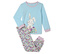 Blauer Pyjama mit Häschen und Blumenhose.