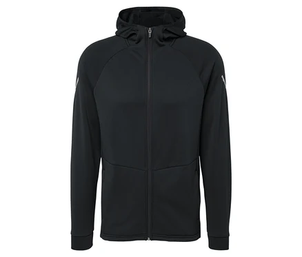 Schwarzer Hoodie mit Reißverschluss in der Mitte.