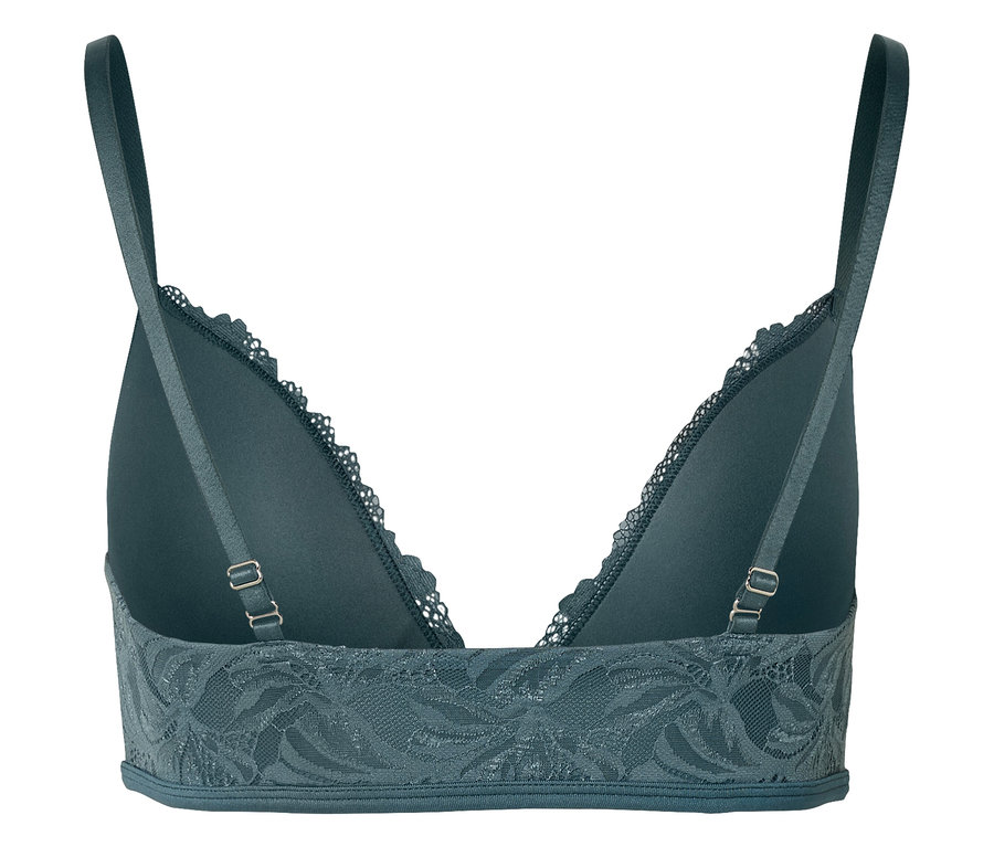 Nahaufnahme der Rückseite eines grünen BHs mit Spitze.