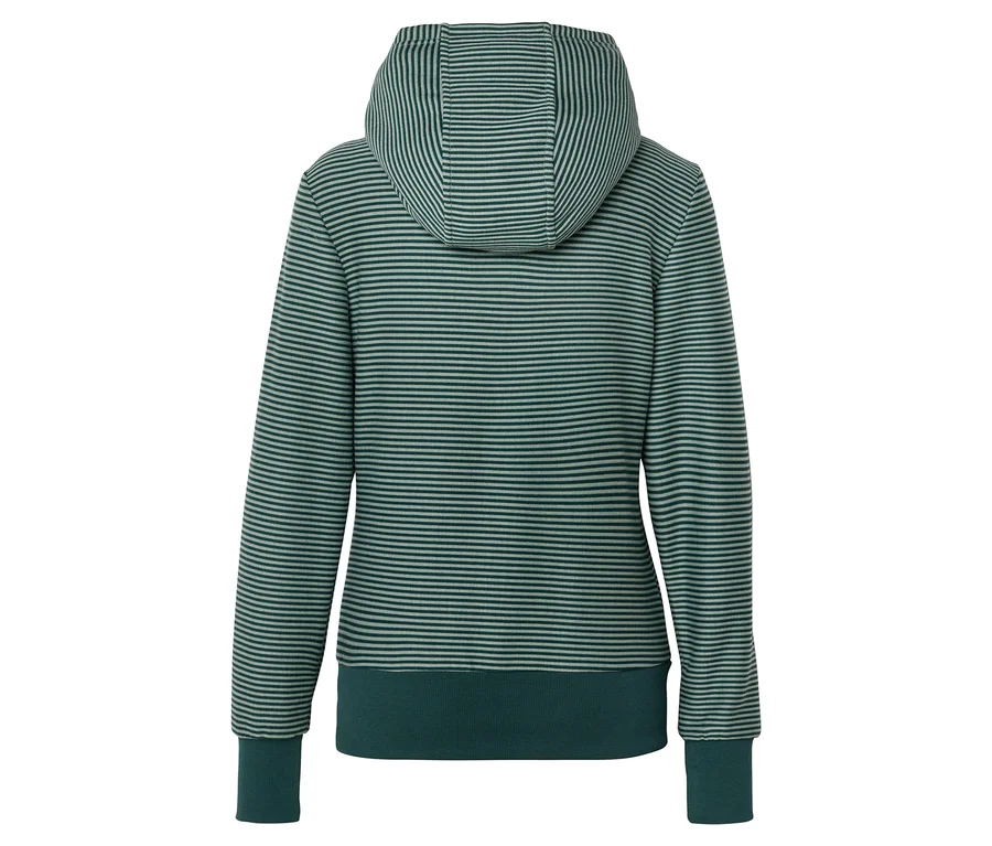 Rückansicht eines gestreiften Hoodies in Grün- und Grautönen mit Kapuze und langen Ärmeln.