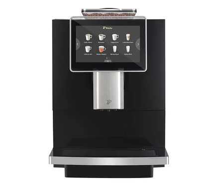 Ein schwarzer Kaffeevollautomat mit Touchscreen und Bohnenbehälter.