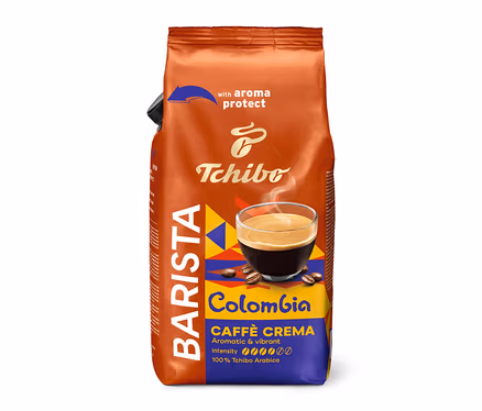 Eine 1 kg Packung BARISTA Origins Colombia Ganze Bohne Kaffeebohnen ist aufrecht dargestellt.