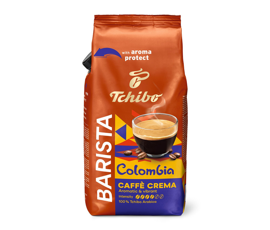 Eine 1 kg Packung BARISTA Origins Colombia Ganze Bohne Kaffeebohnen ist aufrecht dargestellt.