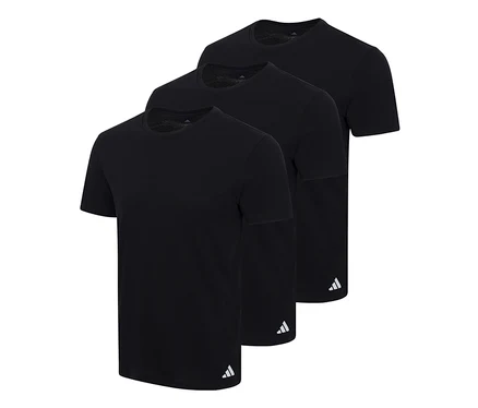 Drei schwarze adidas Active Core T-Shirts mit kurzen Ärmeln und Rundhalsausschnitt, diagonal angeordnet, jedes mit einem kleinen weißen adidas Logo am linken unteren Saum.