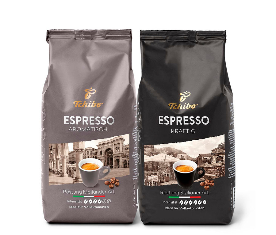 Zwei Packungen Tchibo Espresso, eine graue und eine schwarze. Espresso Bestseller-Set - 2x 1 kg Ganze Bohne.