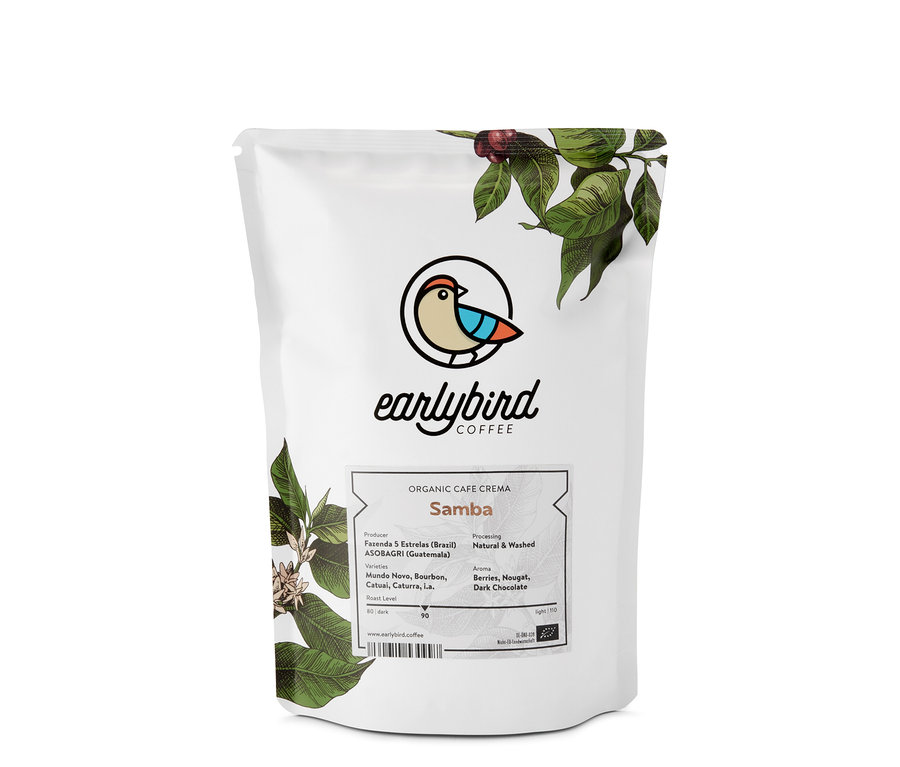 Eine Packung earlybird - Samba Caffè Crema Bio - 250 g Ganze Bohne.