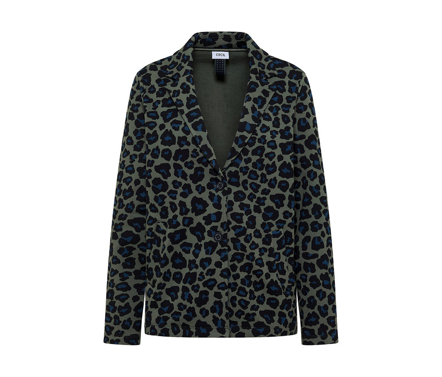CECIL Jerseyblazer in Olivgrün mit schwarzem und blauem Leopardenmuster, mit einem Knopfverschluss und zwei Vordertaschen.