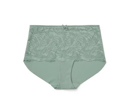 Grüne Damenunterhose mit Blumenspitze und Schleife.