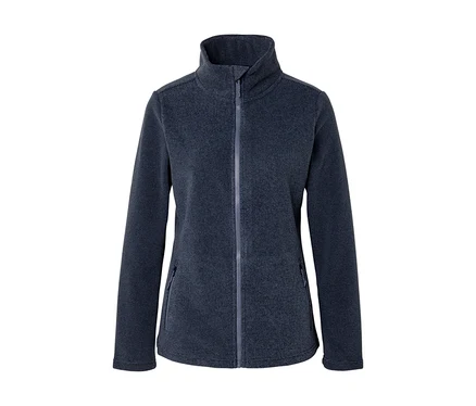 Dunkelblaue Fleecejacke mit Stehkragen, durchgehendem Reißverschluss und zwei Reißverschlusstaschen vorne, auf weißem Hintergrund.