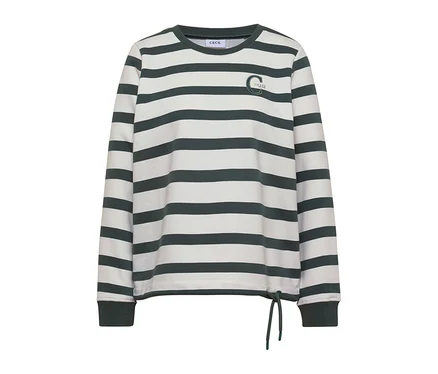 CECIL Sweatshirt mit weißen und dunkelgrünen Streifen, Rundhalsausschnitt und Kordelzug am Saum.