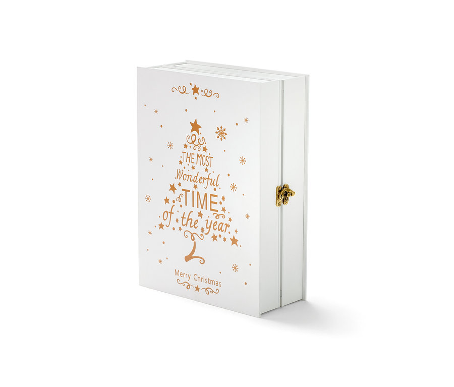 Ein weißer LED-Adventskalender mit goldenem Weihnachtsbaumaufdruck und Verschluss.