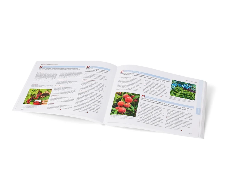 Aufgeschlagenes Buch »Gut geplant durchs Gartenjahr« mit Text und Abbildungen.
