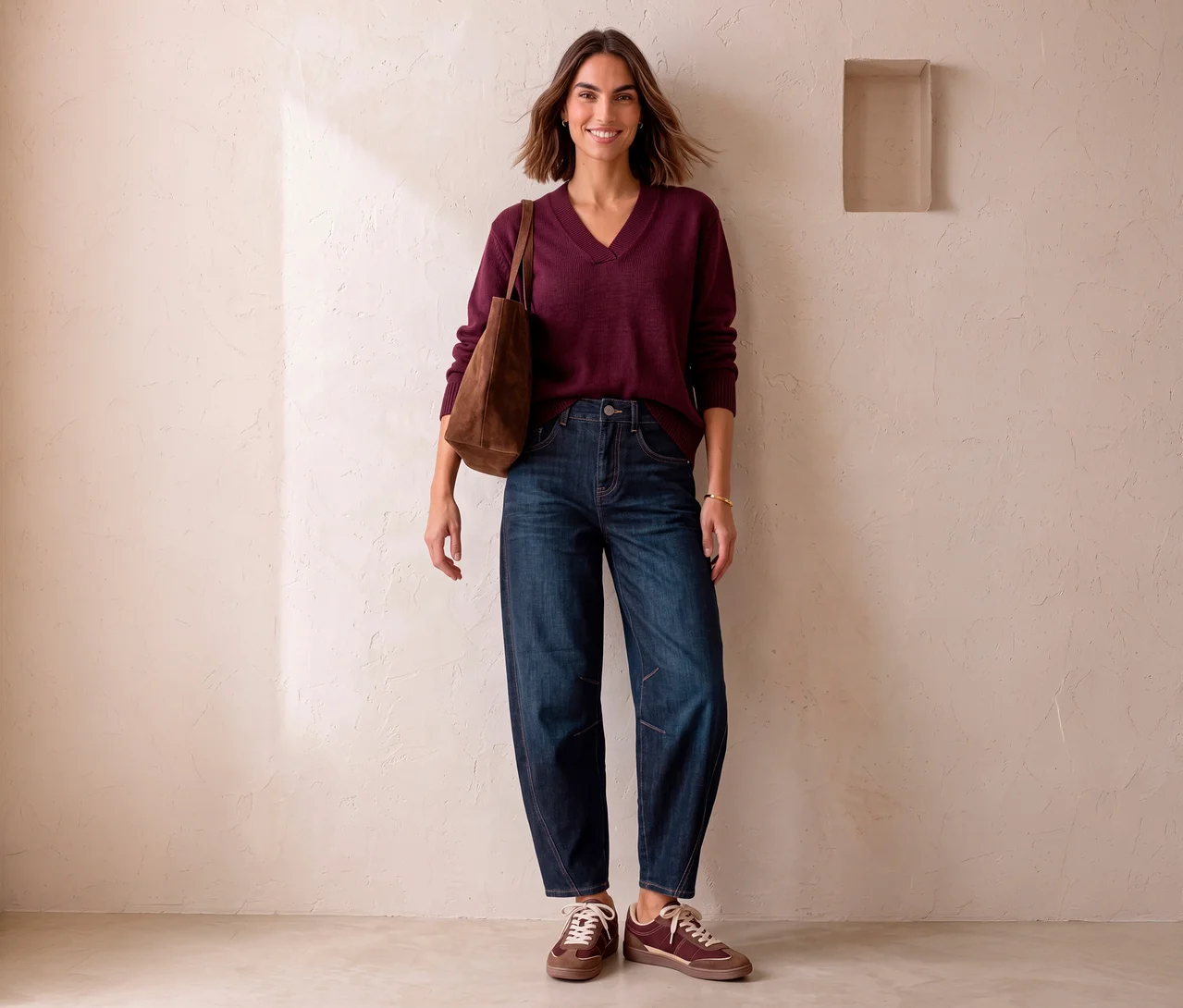 Lachende Frau in einem bordeauxroten V-Pullover, dunkelblauen Street One Jeans und braunen Sneakern, eine braune Tragetasche haltend.