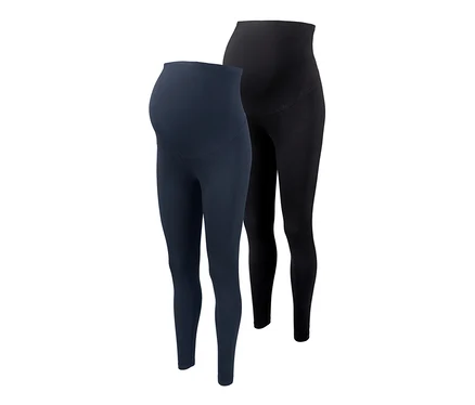 Zwei Umstands-Leggings, eine marineblau, die andere schwarz.