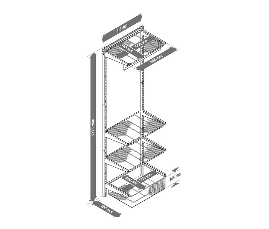 Abbildung eines Wand-Regalsystems mit vier Regalböden und Abmessungen.