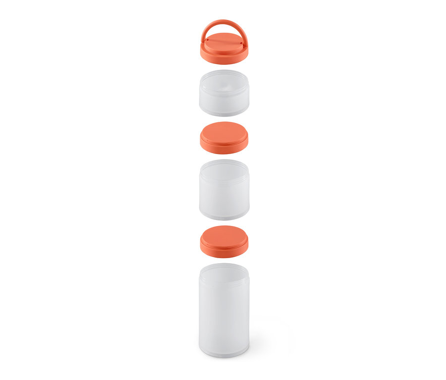 Illustration einer zerlegten Multi-Aufbewahrungsbox mit drei transparenten Dosen und orangefarbenen Deckeln.